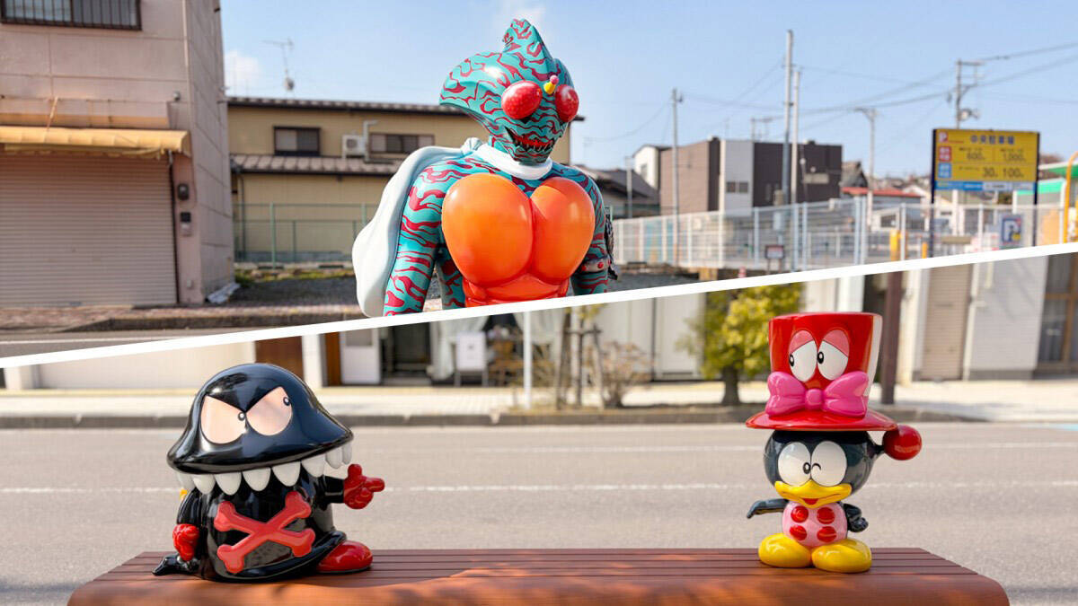 石巻に仮面ライダーアマゾンのベンチアート新設　アカレンジャーも復活