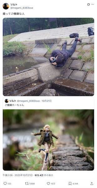 美少女プラモ写真の撮影裏側が話題　腹ばいで撮る「ご機嫌な人」に10万いいね