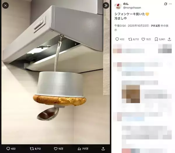 「シフォンケーキが宙吊り！トリッキーかつ画期的な製作過程に15万いいね」の画像