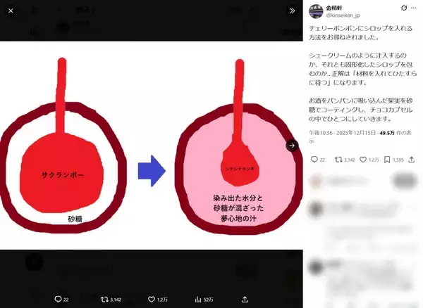 「「シナシナランボ」から「夢心地の汁」が……？ 金精軒のチェリーボンボン解説図がゆるくてわかりやすい」の画像