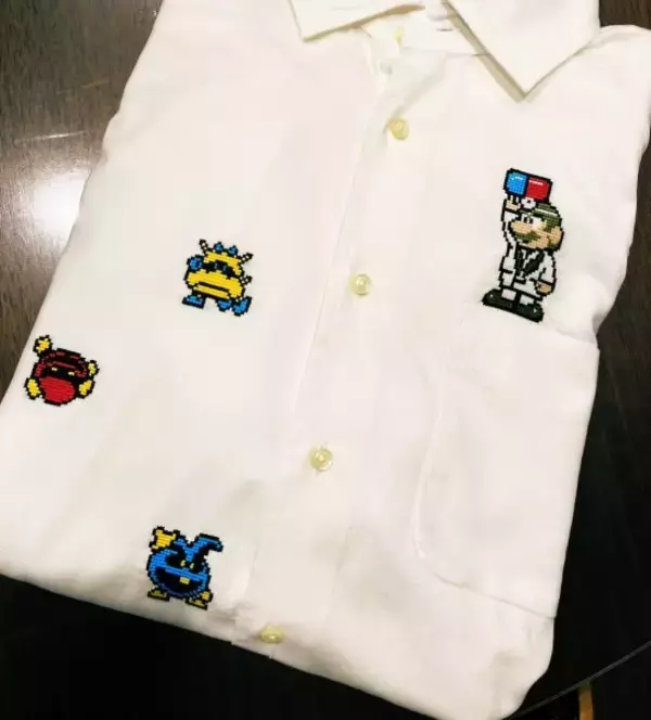 「シャツの汚れ隠しにマリオの刺繍　かわいいクロスステッチ作品に11万いいね」の画像