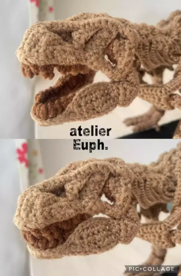 「編み物で骨格標本を再現……？すごすぎて理解が追いつかない「T-REXのあみぐるみ」」の画像