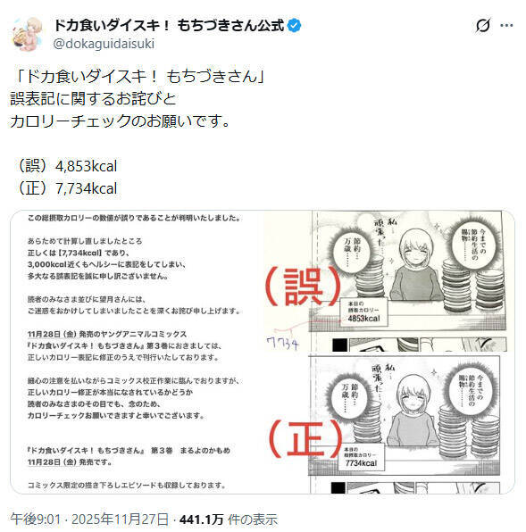 もちづきさん、カロリーを低く表記し謝罪　読者に“チェック”呼びかけ