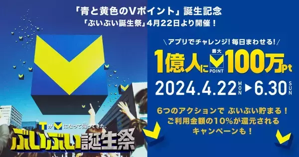 「「青と黄色のVポイント」誕生記念キャンペーン、抽選で1,000～100万ポイント当たる！」の画像