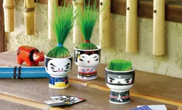 侍・芸者・忍者をモチーフに　芝を“髪の毛”に見立てて育てる「芝って栽培キット JAPAN」新発売