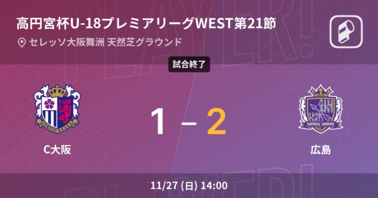 高円宮杯u 18プレミアリーグwest第21節 広島がc大阪から逆転勝利 22年11月27日 エキサイトニュース