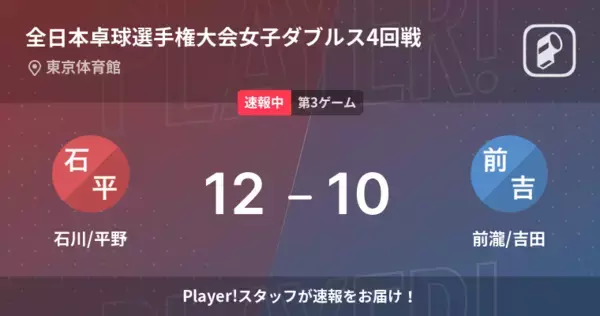 【速報中】石川/平野vs前瀧/吉田は、石川/平野が第2ゲームを取る