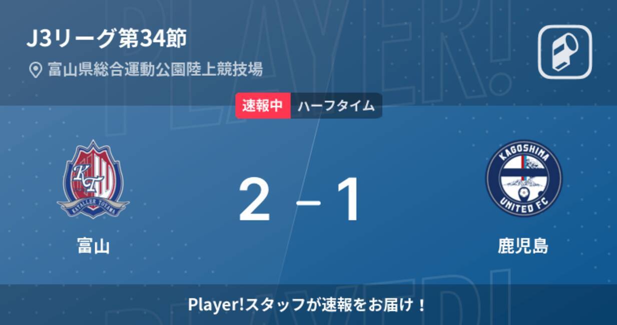 速報中 富山vs鹿児島は 富山が1点リードで前半を折り返す 22年11月日 エキサイトニュース