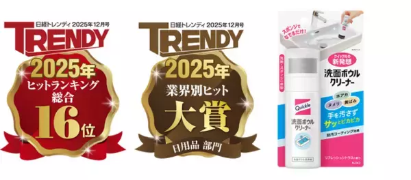 「日経トレンディ「2025年ヒット商品ベスト30」にて洗面ボウルに着目した花王『クイックル 洗面ボウルクリーナー』 16位選出　ついに本日2025年11月17日より、本体（100ml）が出荷再開」の画像