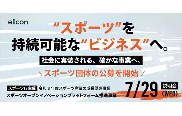 支援を希望する全国スポーツ団体を2分野で公募！ １.スポーツ以外の産業と連携した新規事業創出・拡大 ２.自団体のビジネス拡大に向けたテクノロジー活用の推進
