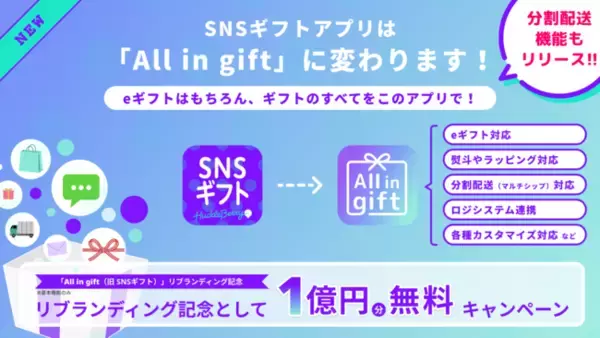 Shopifyアプリ「All in gift（旧 SNSギフト）」、リブランディングを記念し「1億円まで無料（0円）キャンペーン」を開始！