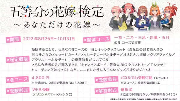 「五等分の花嫁検定～あなただけの花嫁～」申込＆受験開始！名前入りメッセージカードやスーツ姿の描きおろしグッズなど豪華特典多数！早期申込特典は8月末まで限定で配布中！