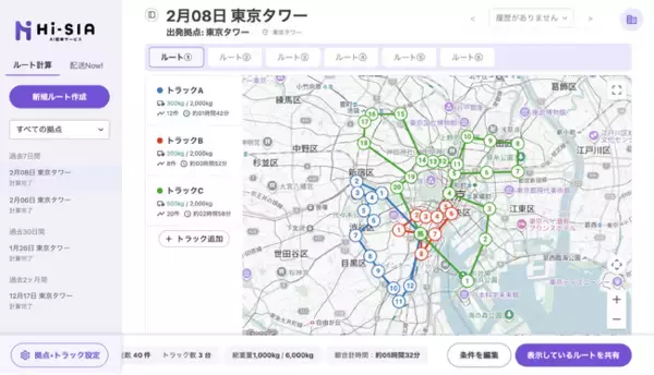 「ベテランの頭の中」の配車計画をAIで脱属人化。複雑な配車を一括算出するトラック配送ルート最適化SaaS「Hi-SIA（ハイシア）」、配送進捗を追跡できる動態管理機能「配送Now!」を正式リリース
