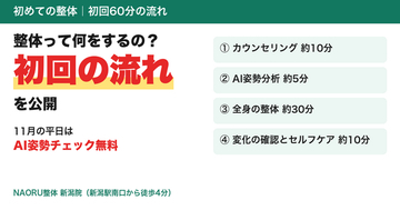「整体って何をするの？」初めての方に向けて、初回60分の流れを公開　AI姿勢分析で今の姿勢を数字で確認してから施術【NAORU整体 新潟院】