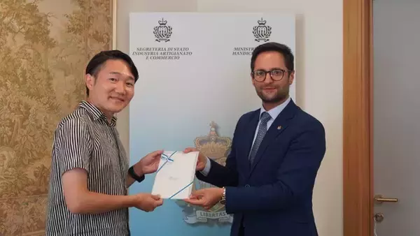 サンマリノ共和国 ファビオ・リーギ産業長官およびアンドレア・ベッルッツィ教育・文化長官と一旗が面会。サンマリノ共和国政府の支援およびサンマリノ共和国大学との連携のもと、観光・経済活性化の推進に協力。