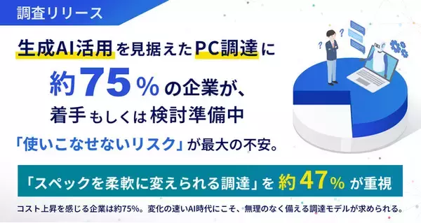 【調査】生成AI活用を見据えたPC調達は約75%が着手もしくは検討・準備中。「使いこなせないリスク」が最大の不安。「スペックを柔軟に変えられる調達」を約47%が重視