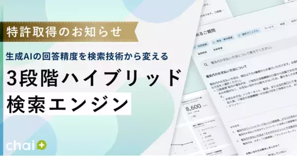 RAG型AIチャットボット「chai+」：「ベクトル検索×キーワード検索×意味的再ランキング」3段階ハイブリッド検索エンジンの特許取得のお知らせ
