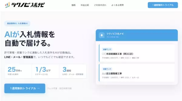 「経審ランク連動×AIで「自社が勝てる案件」だけが届く。入札の情報収集から落札後まで一気通貫で支援する『ツクノビ入札ナビ』を提供開始」の画像