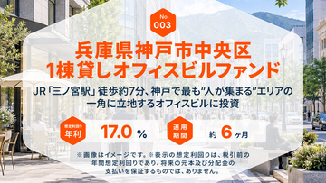 【想定年利17％・運用約6ヶ月】JR三ノ宮駅から徒歩約7分『兵庫県神戸市中央区 1棟貸しオフィスビルファンド』9/18(金)募集開始