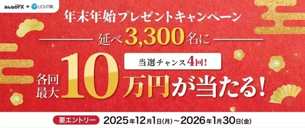 【みんなのFX】12月1日より「最大10万円が当たる年末年始プレゼントキャンペーン」を開催！