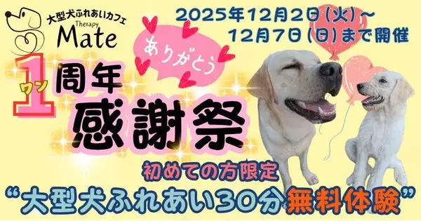 大型犬ふれあいカフェ「セラピーメイト」1周年記念キャンペーン！