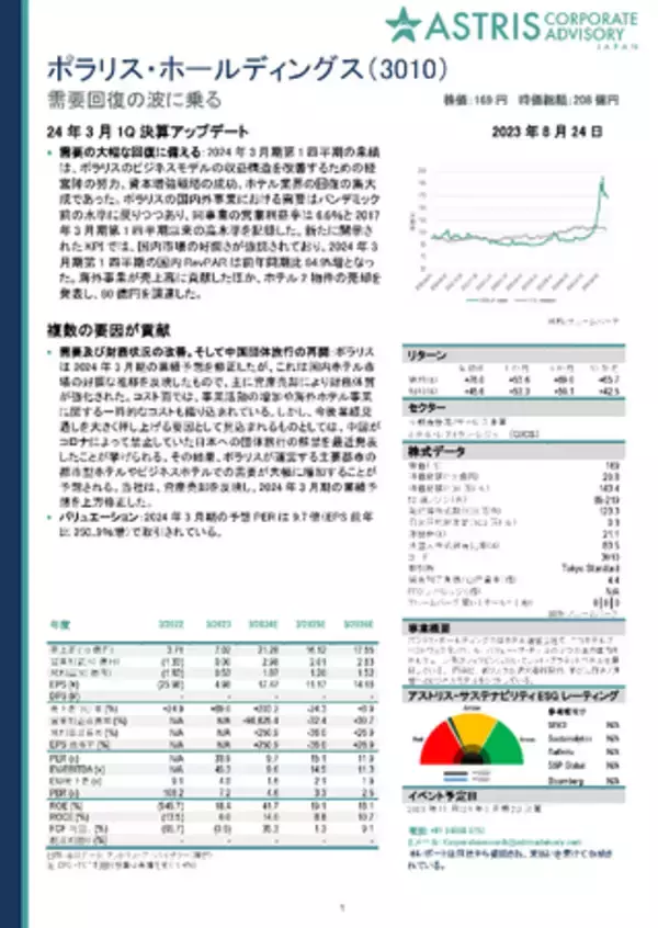 【企業レポート】ポラリスＨＤ（東証：3010｜ホテル運営）の投資家向け企業レポート2024年3月期第１四半期決算版がアストリス・アドバイザリー・ジャパンから配信されました。
