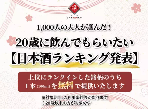 「【1,000人の大人が投票！】『20歳に飲んでもらいたい日本酒総選挙』上位5銘柄のうち1本(100ml)を無料で提供！｜日本酒原価酒蔵全店で開催┃1/12(月)～1/22(木）」の画像