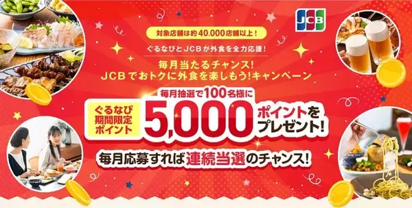 JCB×ぐるなび　飲食店向け集客応援施策「毎月当たるチャンス！JCBでおトクに外食を楽しもう！キャンペーン」を開始