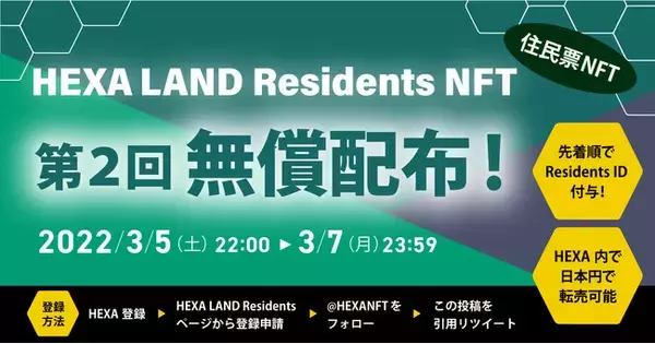 第2回住民票NFTを無償配布！HEXA（ヘキサ） LAND Residentsの第2回住民登録は期間限定3/7（月） 23:59まで！WEB3.0の幕開け