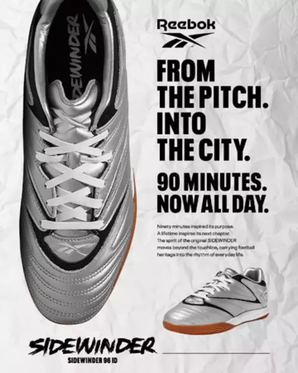 Reebokの90年代フットボールアーカイブ「SIDEWINDER」が30年を経て現代に復刻。「SIDEWINDER 96 ID」が8月14日(金)よりKineticsにて日本国内先行発売。