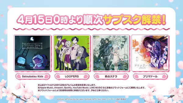 【サブスク解禁第8弾】『Satsubatsu Kids』『LOOPERS』『終のステラ』『プリマドール』に関連するCD楽曲を4月15日0時より順次ストリーミング配信開始！
