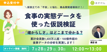 【無料ウェビナー】累計100億件以上の食事データで商品開発の仮説検証を実演！“確からしさ”を高めるデータ活用とは？
