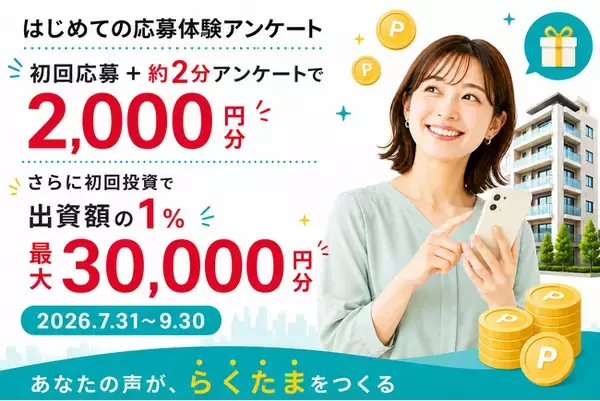 1万円から始める不動産投資サービス『らくたま』アンケート回答＋初回応募で2,000円分。さらに、初回投資で出資額の1％（最大30,000円）の「らくたまポイント」を進呈