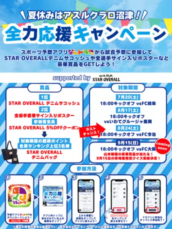 「なんドラ」アスルクラロ沼津 試合展開予想で『夏休み全力応援キャンペーン supported by 山本被服「STAR OVERALL」』好評開催中！