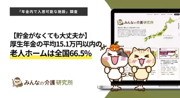【貯金がなくても大丈夫か】厚生年金の平均受給額15.1万円以内の老人ホームは全国66.5%｜みんなの介護研究所「年金内で入居可能な施設調査」＜2026年8月＞