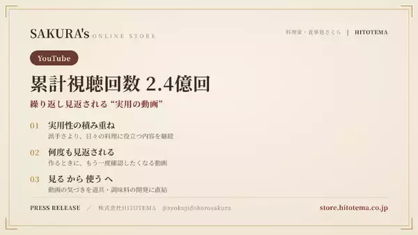 料理家・食事処さくらのYouTubeチャンネル、累計視聴回数2.4億回を突破