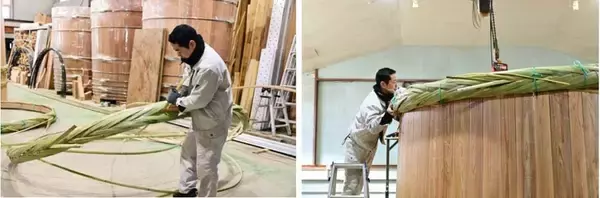 「「伝統製法の醬油」継続を願い、生協組合員が生産者に巨大木桶を贈る」の画像