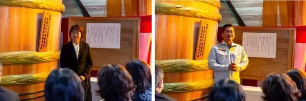 「「伝統製法の醬油」継続を願い、生協組合員が生産者に巨大木桶を贈る」の画像