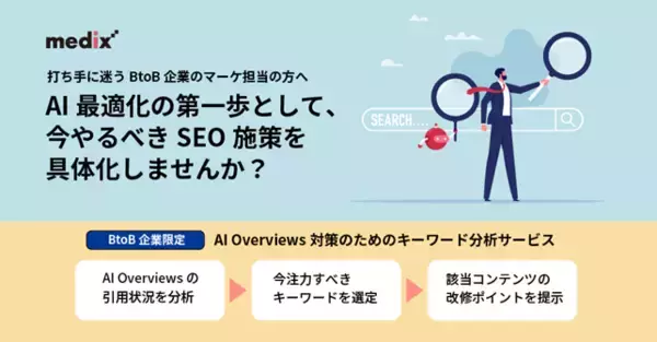 メディックスが、BtoB企業向け「AI Overviews対策のためのキーワード分析サービス」をリリース。AI最適化の第一歩としてのSEO施策を具体化