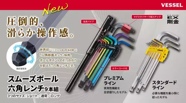 【世界初※】六角レンチのボールポイント部に「12角断面ネック」を採用　斜めでも滑らかに回せる「スムーズボール六角レンチ」を発売