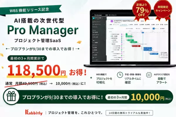 【夏の大型キャンペーン！】AI搭載の次世代型プロジェクト管理ツール『Pro Manager』が、期間中の導入で累計118,500円お得に！新機能「WBS機能」も正式リリース！