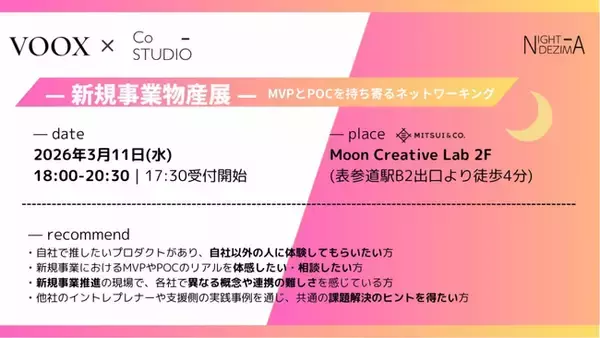 VOOX × Co-Studio「新規事業物産展」- MVPとPOCを持ち寄るネットワーキング - を3月11日（水）に開催決定！