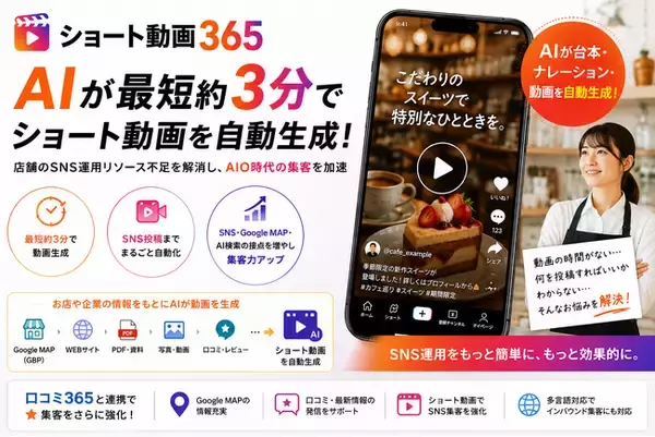 店舗のSNS運用をAIで自動化。「ショート動画365」提供開始、最短約3分でショート動画を生成