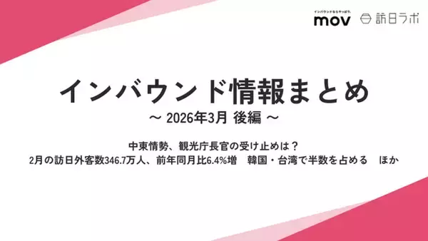 「中東情勢、観光庁長官の受け止めは？ / 2月の訪日外客数、韓国・台湾で半数を占める ほか：観光・インバウンドの最新動向がわかる！インバウンド情報まとめ「2026年3月後編」を訪日ラボが公開」の画像