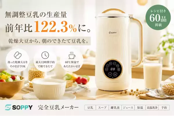 無調整豆乳の生産量が前年比122.3％に。SOPPY、乾燥大豆から“朝のできたて豆乳”を楽しめる「完全豆乳メーカー」を提案