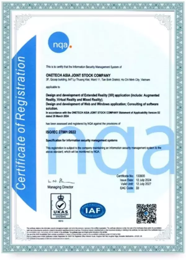 XR AWS開発会社の株式会社One Technology Japanの開発拠点、ONETECH ASIA JSCがISO IEC 27001 2022認証を取得しシステムの安定稼働と安全性を確保