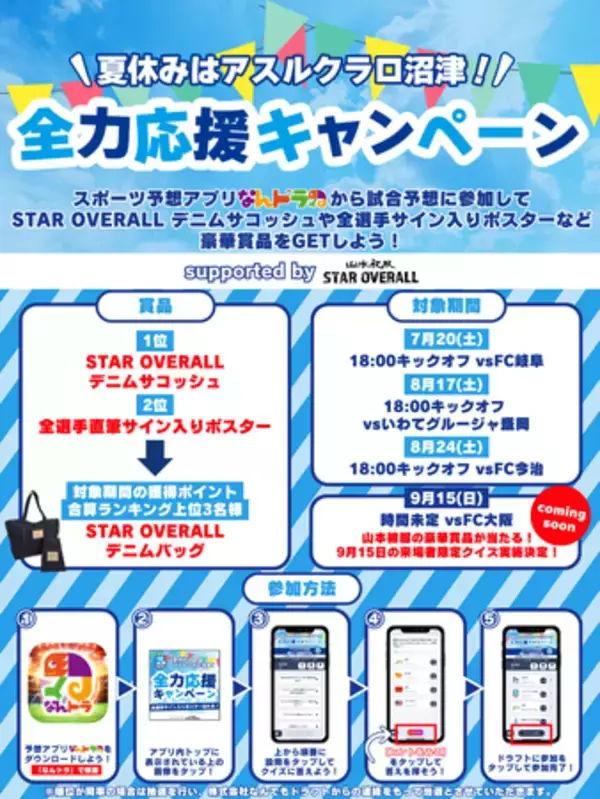 「なんドラ」アスルクラロ沼津 試合展開予想で『夏休み全力応援キャンペーン supported by 山本被服「STAR OVERALL」』を開催！