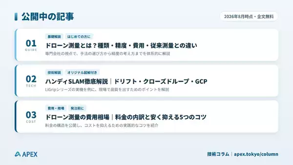 ドローン測量のAPEX株式会社、技術情報サイト「技術コラム」を開設 ― ハンディSLAMや測量の実務ノウハウを無料公開