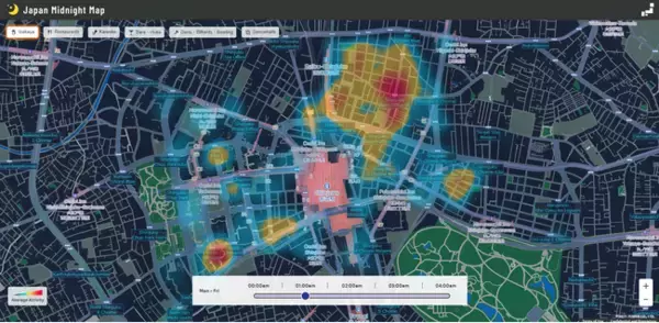 人流データを活用し、夜間に賑わっているエリアをヒートマップで確認できる訪日外国人向け新サイト「Japan Midnight Map」の公開を開始