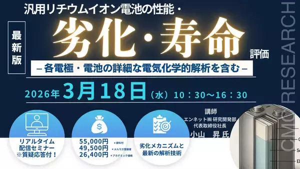 【ライブ配信セミナー】汎用リチウムイオン電池の性能・劣化・寿命評価　- 各電極・電池の詳細な電気化学的解析を含む -　3月18日（水）開催　主催：(株)シーエムシー・リサーチ
